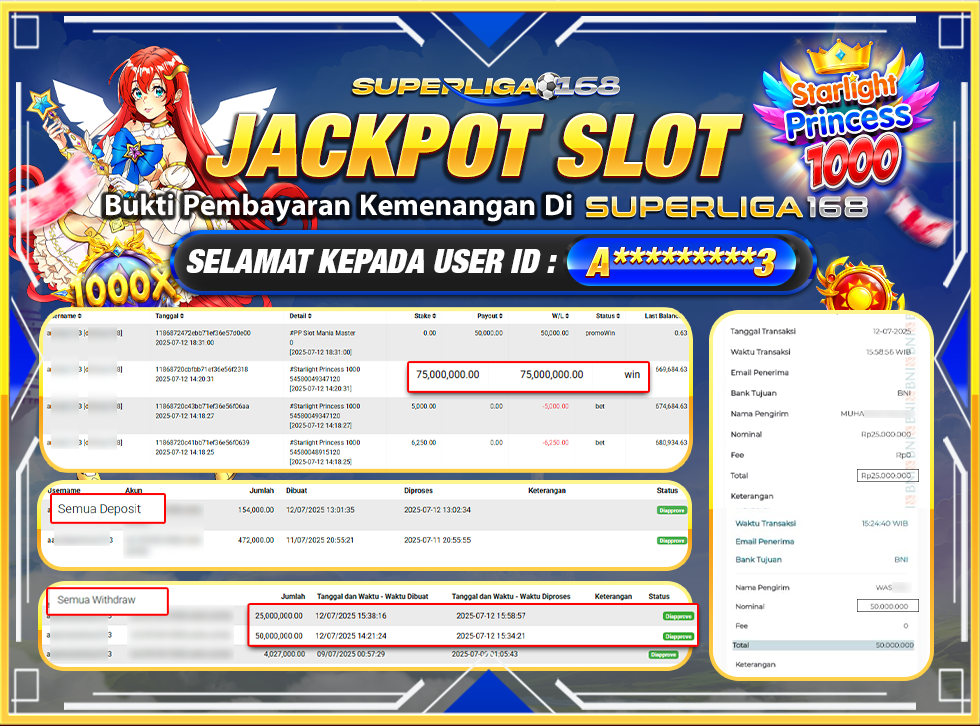 SUPERLIGA168 JACKPOT STARLIGHT PRINCESS 1000 Rp.75,000,000-LUNAS